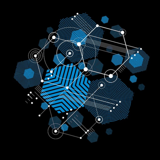 Sfondo vettoriale modulare Bauhaus, creato da semplici figure geometriche come esagoni, cerchi e linee. Ideale per l'uso come poster pubblicitario o banner design. Schema meccanico astratto.
