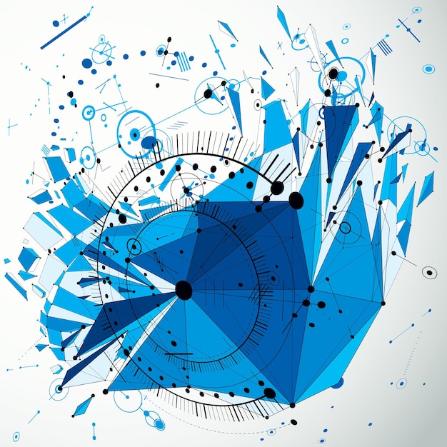 Sfondo vettoriale tecnologia di ingegneria 3d con oggetto demolito low poly e wireframe. Lo schema meccanico blu, il design industriale astratto dimensionale può essere utilizzato come sfondo del sito web.