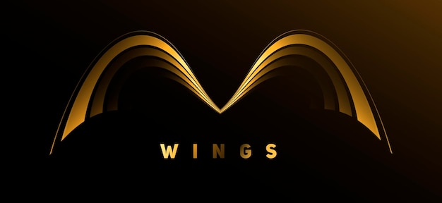 Shiluette di simmetria astratta di ali realizzate con linee metalliche dorate o elemento grafico di lusso con lettera m