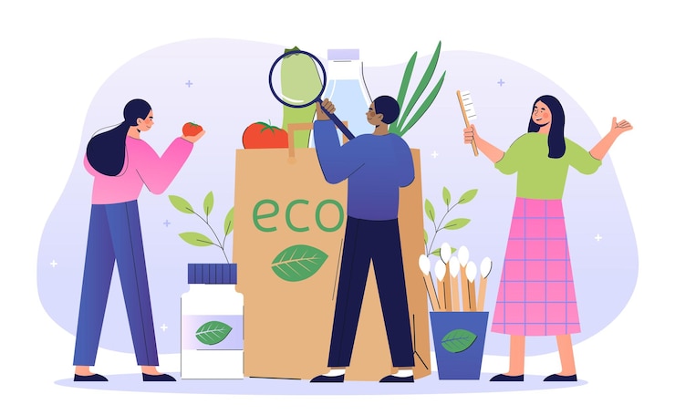 Vettore shopping con il concetto di borsa eco-friendly uomini e donne acquistano prodotti naturali in confezioni biologiche