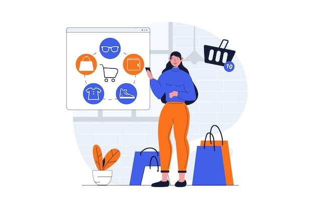 Shopping concetto web con scena personaggio Donna che ordina merci alla pagina web del negozio e fa acquisti a buon mercato Situazione persone in design piatto Illustrazione vettoriale per materiale di marketing sui social media