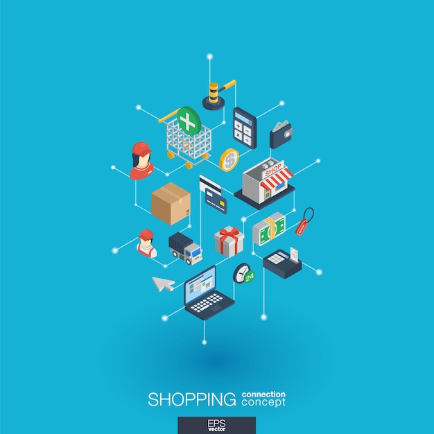 Shopping icone web integrate. Concetto di interazione isometrica rete digitale. Sistema grafico di punti e linee collegato. Sfondo astratto per e-commerce, mercato e vendite online. infograph