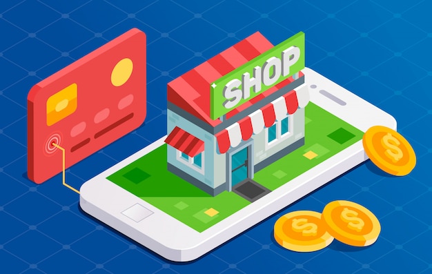 Shopping online con carta di credito. Illustrazione isometrica