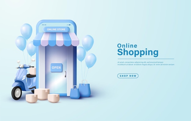 Shopping online con palloncini 3D e smartphone su sfondo blu liscio