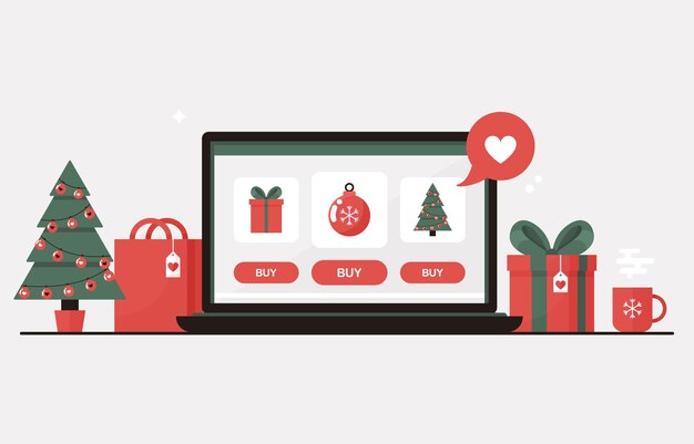 Shopping online di Natale su un laptop con albero di Natale, scatole regalo, regalo e decorazioni per la vendita invernale