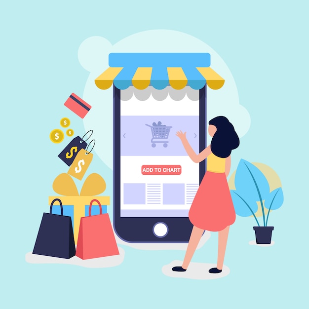 Shopping online e illustrazione negozio per sito Web