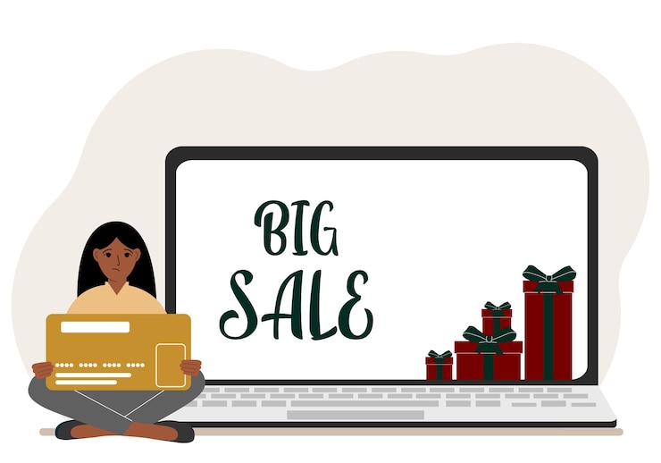 Vettore shopping online grande vendita una donna siede a gambe incrociate tra le mani con in mano una carta shopping accanto a un laptop con doni