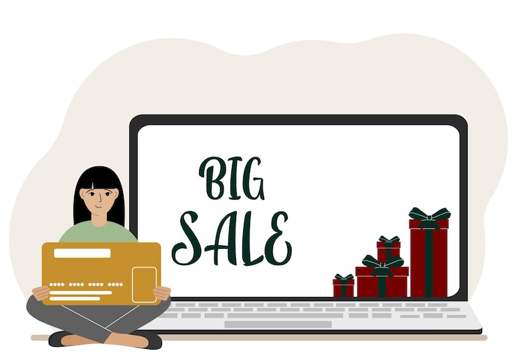 Vettore shopping online grande vendita una donna siede a gambe incrociate tra le mani con in mano una carta shopping accanto a un laptop con doni