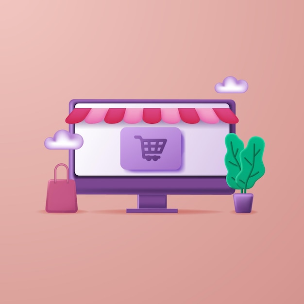 Shopping online per computer desktop eccomerce design con elemento icona 3d per marketing e business