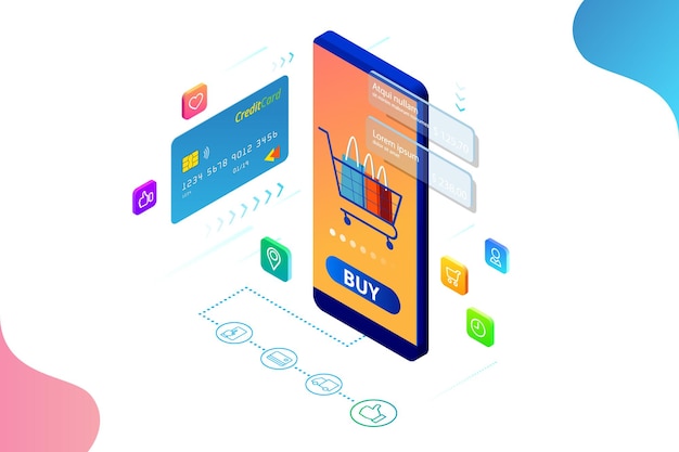 Shopping online Vendita Consumismo e negozio online Modello di shopping online per smartphone Smart isometrico Marketing mobile ed e-commerce Illustrazione vettoriale