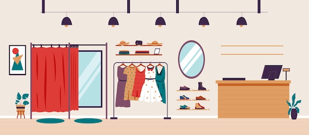 Showroom interno Boutique di moda di cartoni animati con vestiti e scarpe da donna, check-out e spogliatoio Illustrazione vettoriale