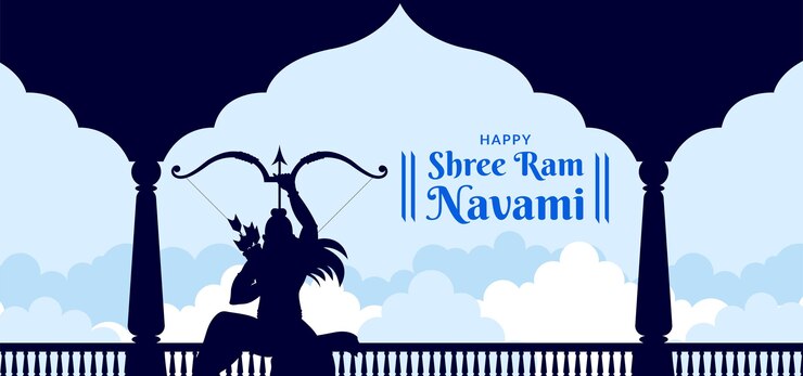 Vettore shri ram navami saluto lord rama con grande arco e freccia