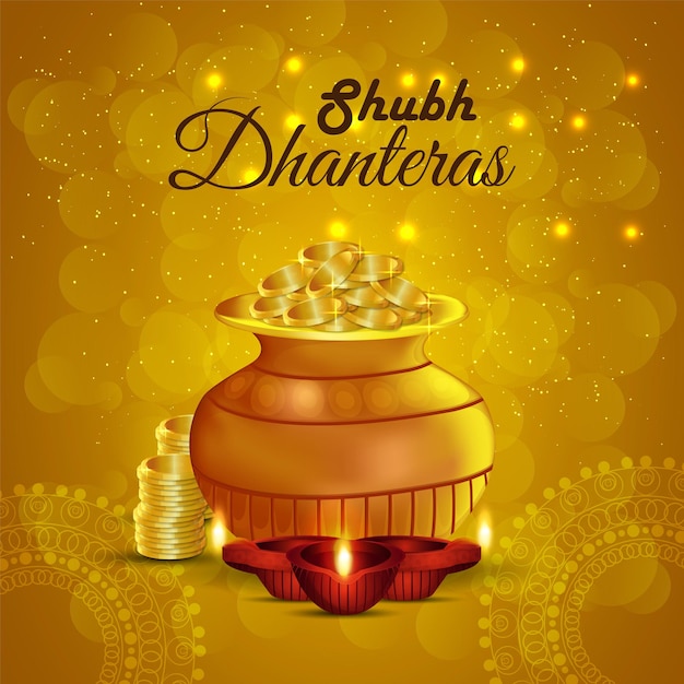 Shubh dhanteras invito biglietto di auguri con vaso di monete d'oro creativo su sfondo giallo