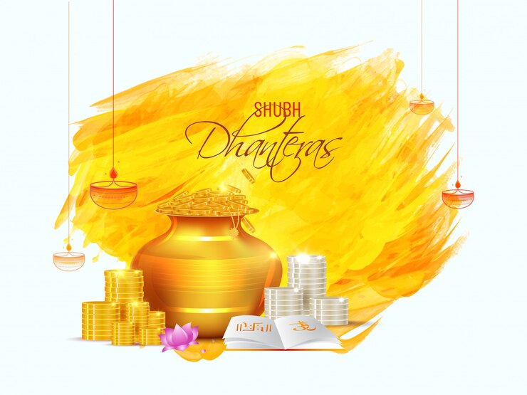 Vettore shubh (happy) dhanteras design biglietto d'auguri con pentola ricchezza d'oro, pila di monete e libro sacro sul tratto di pennello.