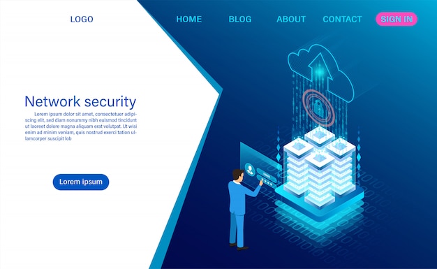 Sicurezza dei dati di rete. protezione del trattamento dei dati. informazione digitale. isometrica piatta