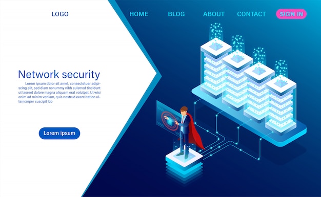 Sicurezza dei dati di rete. protezione del trattamento dei dati. informazione digitale. isometrica piatta