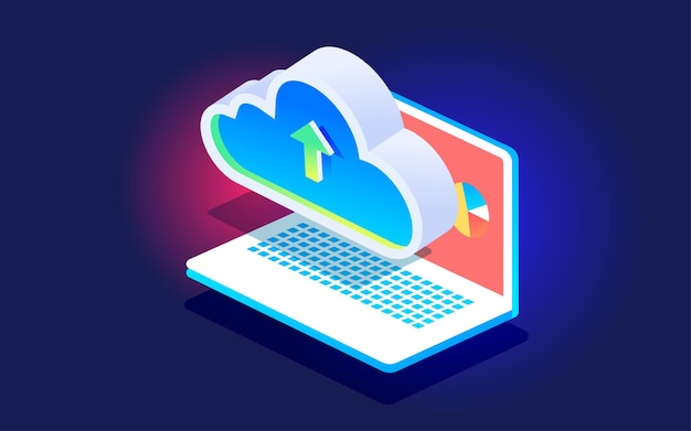 Sicurezza della rete informatica del servizio di archiviazione cloud con una nuvola sull'illustrazione vettoriale del computer