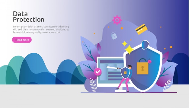 Sicurezza e protezione dei dati riservati. Sicurezza della rete internet VPN. Concetto di privacy personale di crittografia del traffico con carattere di persone. landing page web, banner, presentazione, social o supporti di stampa