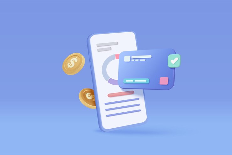 Vettore sicurezza finanziaria del denaro della carta di credito 3d per lo shopping online sul pagamento online del telefono cellulare sicuro con la carta di credito e il concetto di pagamento con moneta di denaro 3d icona vettoriale dello smartphone rende l'illustrazione