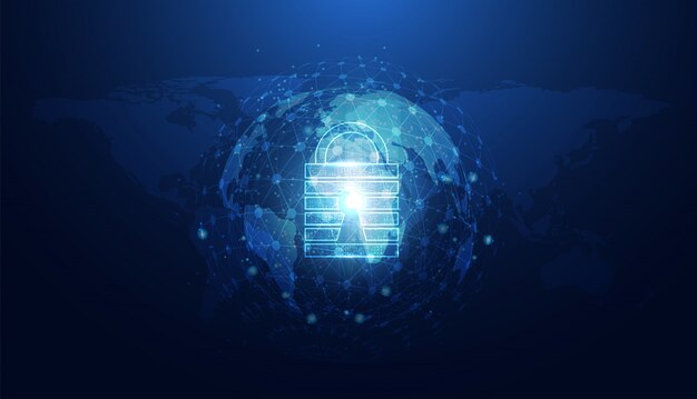 Sicurezza informatica astratta con il cerchio del mondo blu lucchetto