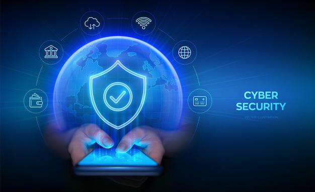 Sicurezza informatica e protezione smartphone Scudo di protezione con icona di spunta Connessione Internet sicura crittografia vpn Protezione dei dati personali Pianeta Terra Globo Smartphone in mano Vettore