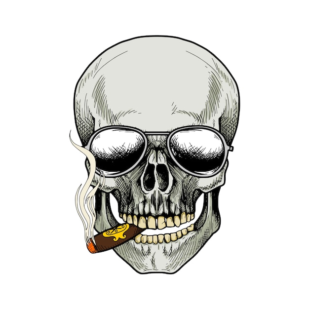 sigaretta di fumo del cranio e occhiali da sole da portare su priorità bassa bianca