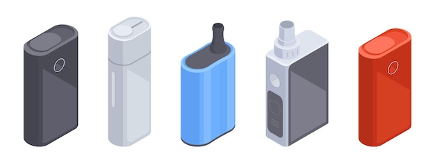 Sigarette elettroniche isometriche Vape box e sistema di riscaldamento del tabacco digitale ecigarette accessori per il fumo di vape set di illustrazioni vettoriali 3d