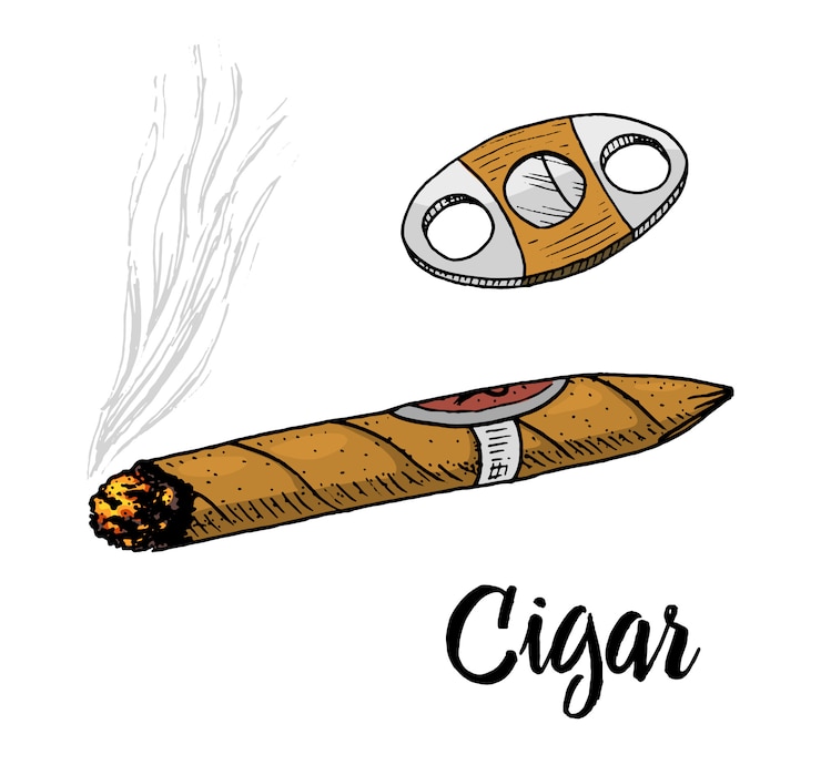 Vettore sigaro o fumo, emblema di gentiluomo. cattiva abitudine. sigaretta classica. incisi disegnati a mano nel vecchio schizzo vintage.