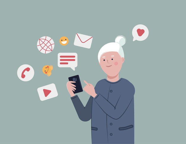 Signora anziana che utilizza lo smartphone per la connessione sociale e l'intrattenimento Stile di vita sociale attivo