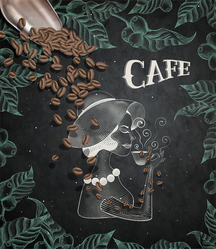 Vettore signora elegante che beve caffè, foglie stile incisione e cornice di ciliegie di caffè su sfondo lavagna, pala di caffè nell'illustrazione