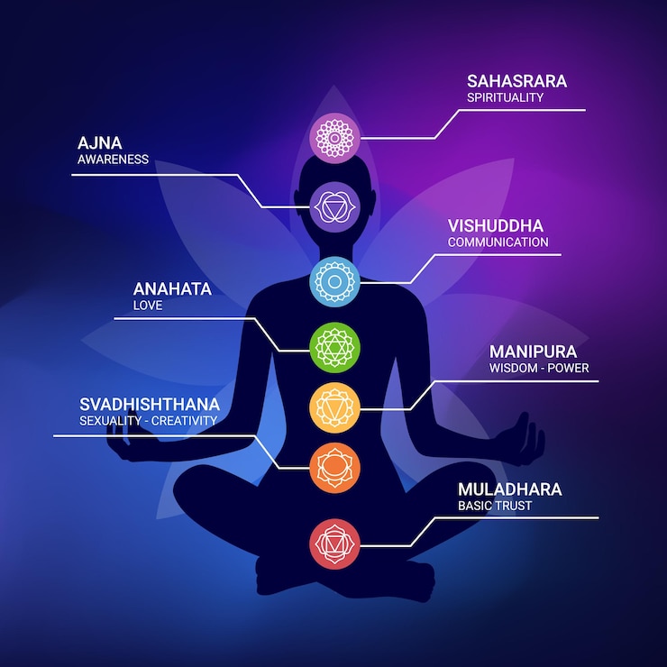 Vettore silhouette del corpo umano con icone dei chakra con titoli