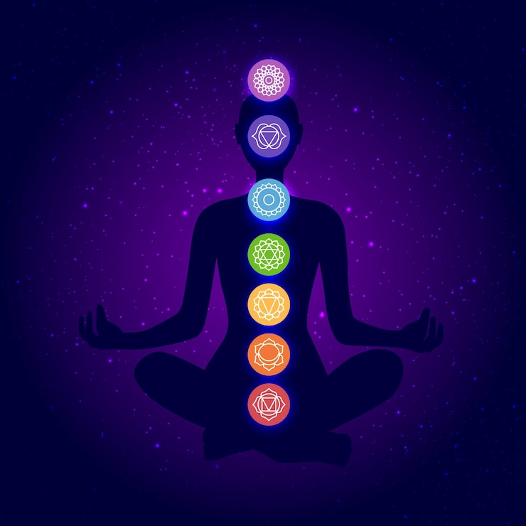 Vettore silhouette del corpo umano con icone dei chakra