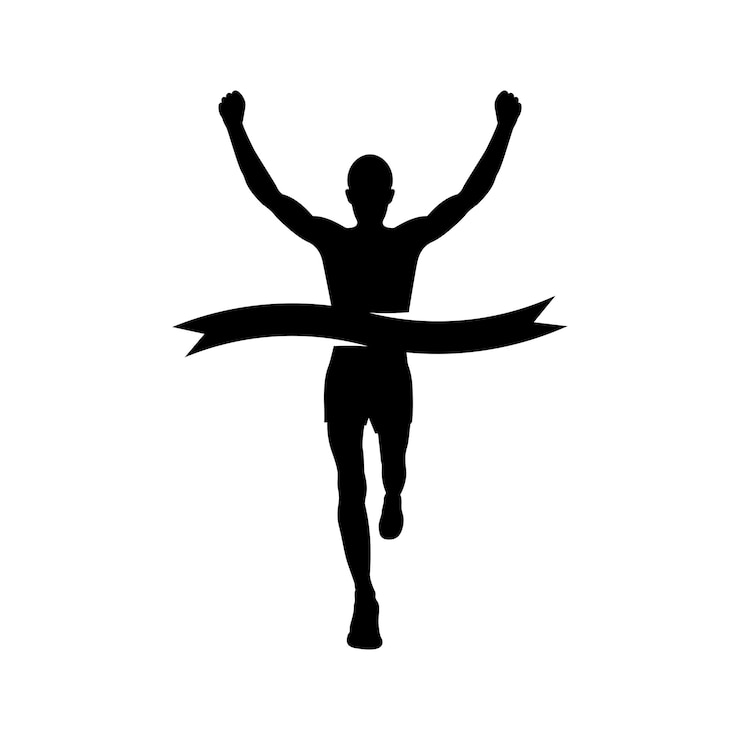 Vettore silhouette del corridore atleta sprint al traguardo con un nastro vincente