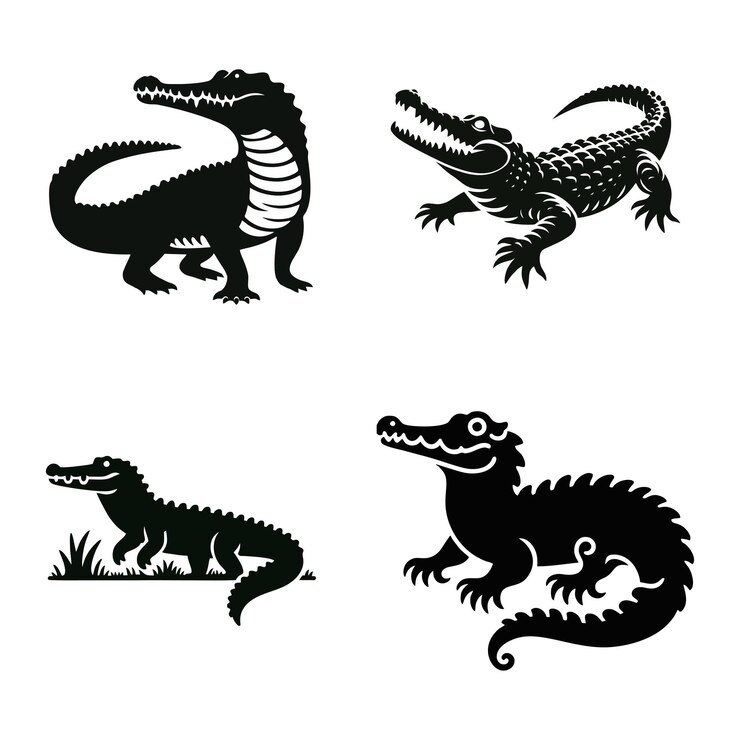 Vettore silhouette dell'icona del coccodrillo alligatore bianco nero