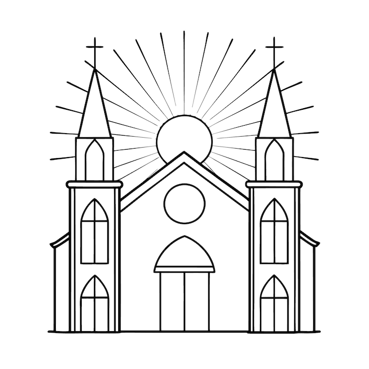Vettore silhouette della chiesa con uno sfondo di esplosione solare