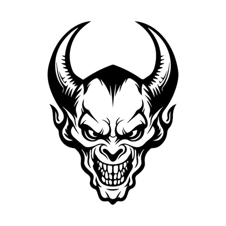 Vettore silhouette demon face icon vector illustration design tattoo e t-shirt design in bianco e nero