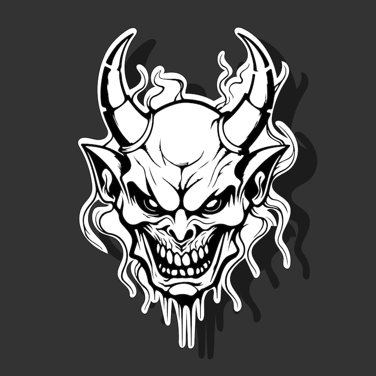 Vettore silhouette demon face icon vector illustration design tattoo e t-shirt design in bianco e nero