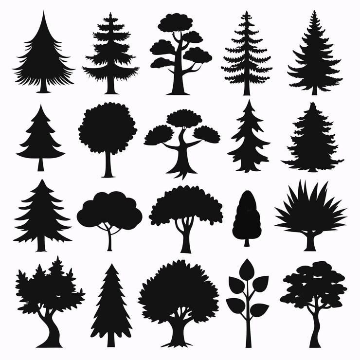 Vettore silhouette dettagliate di vari alberi su sfondo bianco