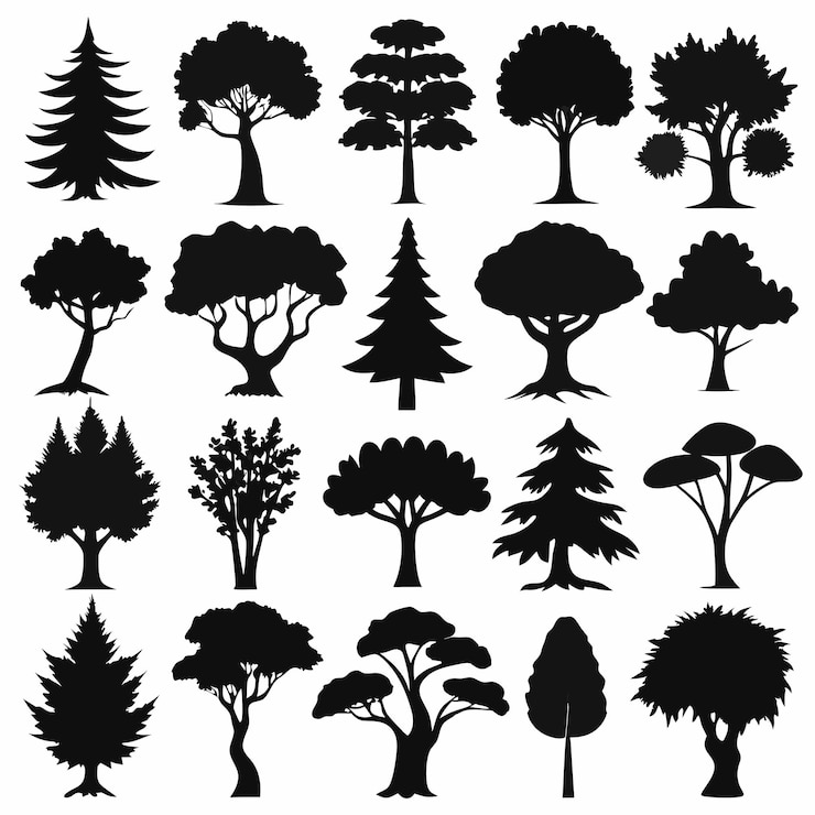 Vettore silhouette dettagliate di vari alberi su sfondo bianco