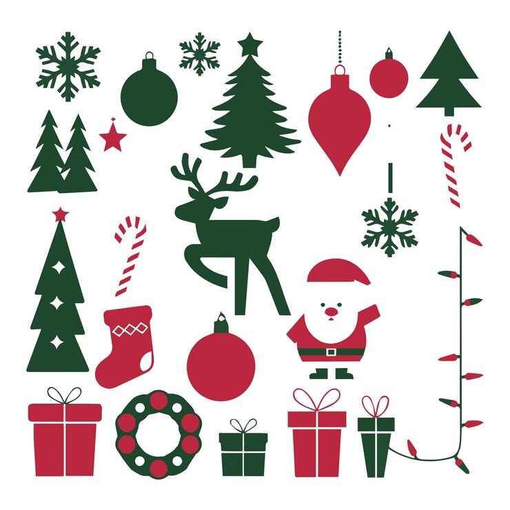 Vettore silhouette di alberi di natale fiocchi di neve ornamenti canne di caramelle babbo natale renne