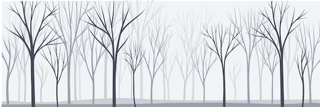 Silhouette di albero nudo con tronco alto e cima ramificata come illustrazione vettoriale di sfondo orizzontale della foresta nebbiosa