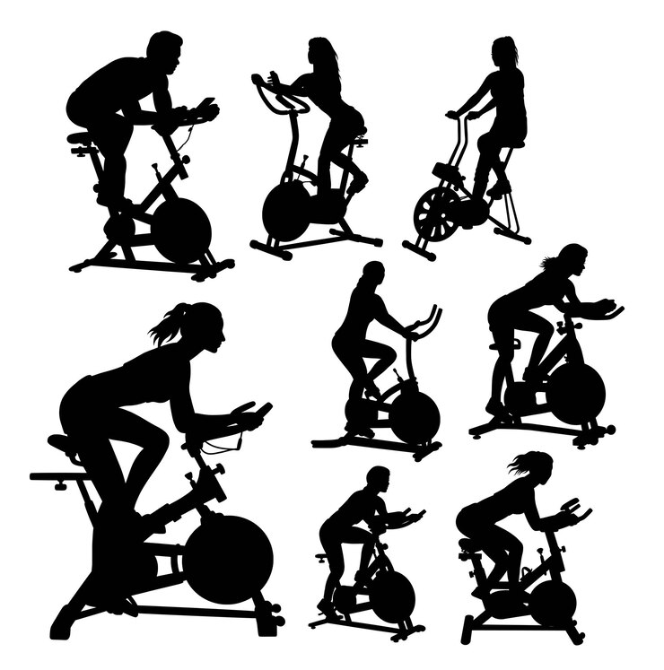 silhouette di azione sportiva maschile e femminile di bici statica