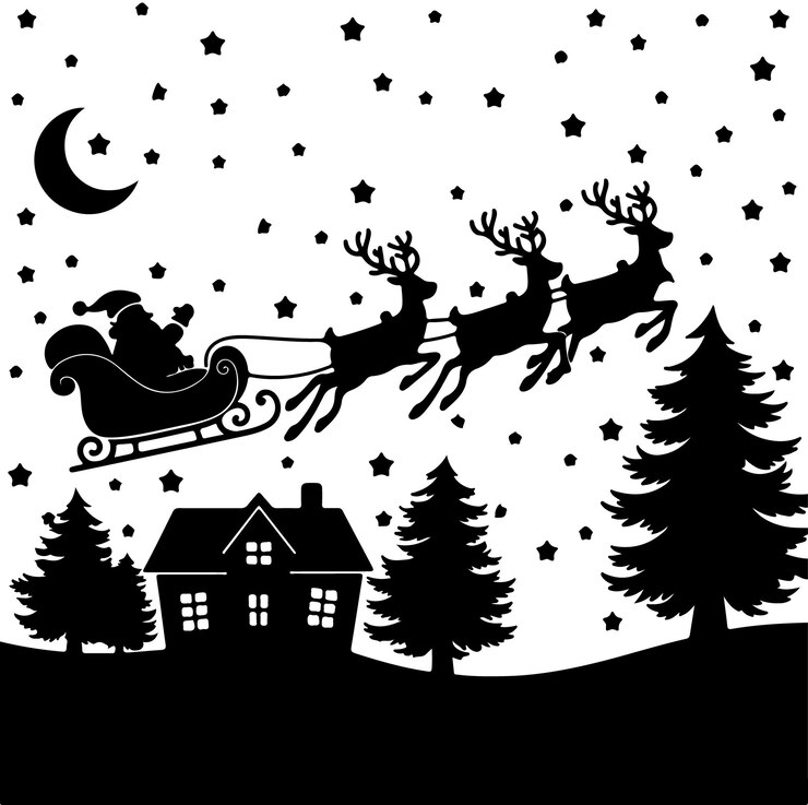 Vettore silhouette di babbo natale che vola con le renne su una scena notturna festiva