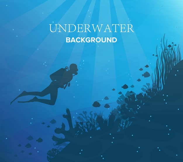 Silhouette di barriera corallina con pesce e scuba diver su uno sfondo blu del mare. Fauna marina subacquea. Illustrazione della natura.