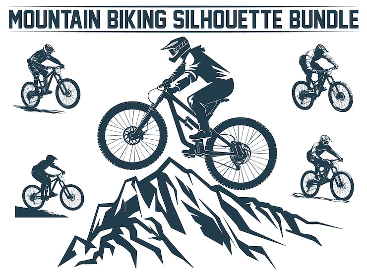Vettore silhouette di bicicletta da montagna bundle uomo ciclista mountain biker silhouette di un ciclista che cavalca la montagna