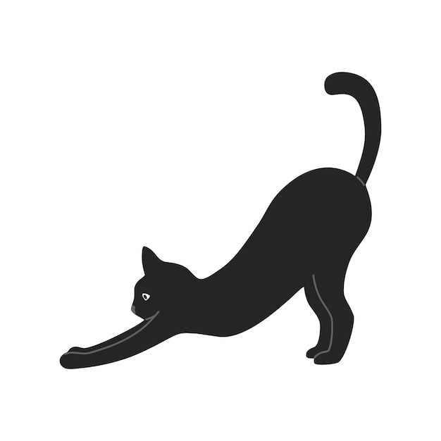 Silhouette di black shorthair cat si piega, illustrazione in stile cartone animato, isolato su sfondo bianco