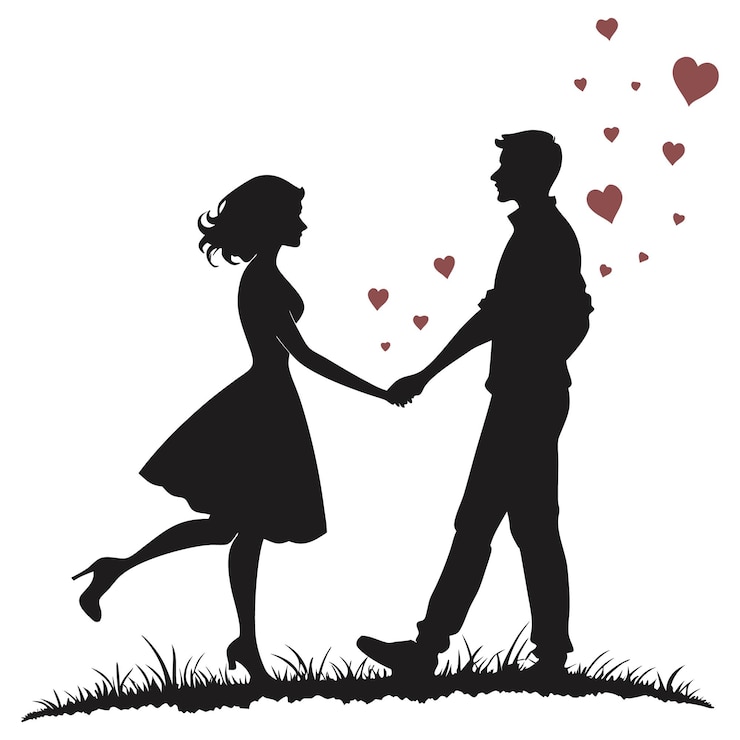 Vettore silhouette di coppia romantica che si tiene per mano per l'amore e la relazione progetti creativi a tema