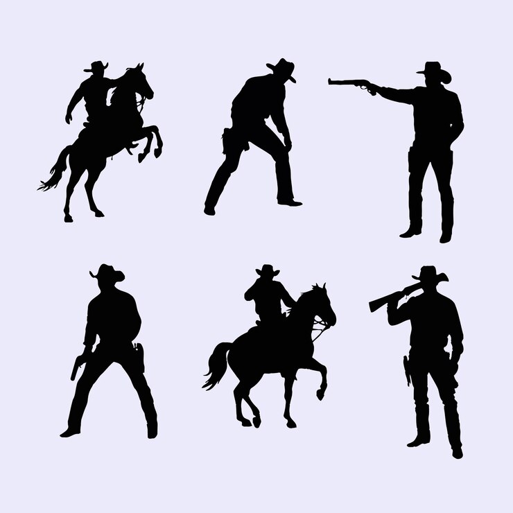 Vettore silhouette di cowboy, pose d'azione nel selvaggio ovest