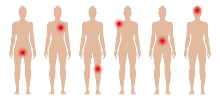 Vettore silhouette di donna con puntini rossi in diverse parti del corpo, dolori e dolori femminili illustrazione vettoriale
