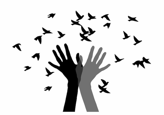 Silhouette di due mani e gli uccelli